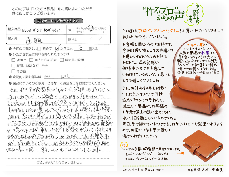 E558 パンプキンバッグミニをお買い求めくださった方のお声と、ご質問へのお答え